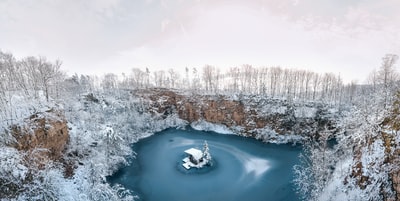 白天被白雪覆盖的树木环绕的湖泊